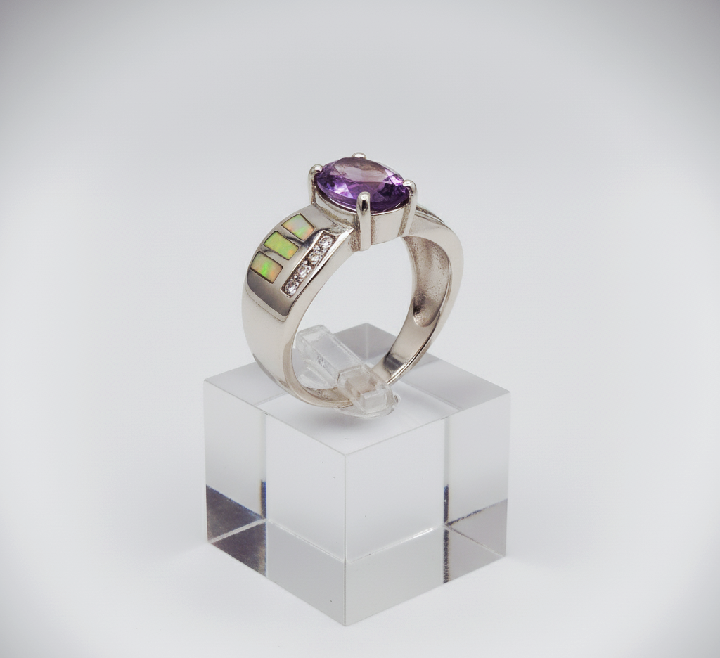 “Amethyst Nova Inlay Ring" – 925 Silver with Opal & CZ Accents