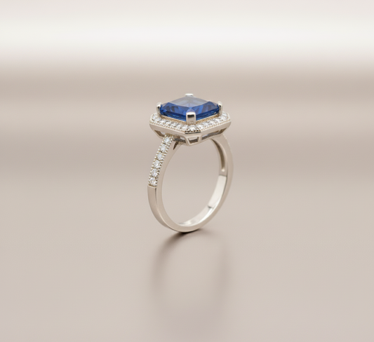 Midnight Royal Halo 925 Silver Ring – Blue Princess Center with Double Diamond-Style Halo
