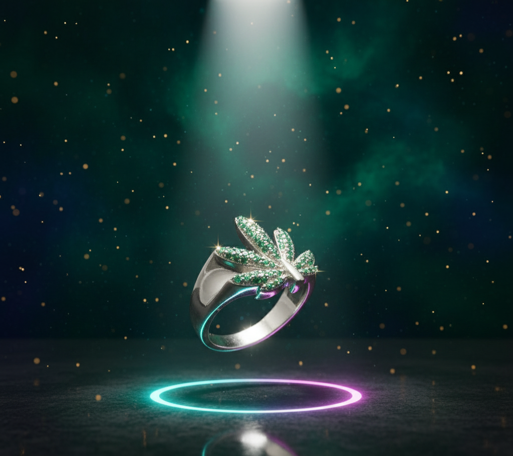 Emerald Aura Leaf Ring - 925 Sterling Silver