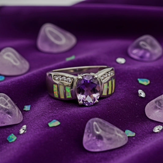 “Amethyst Nova Inlay Ring" – 925 Silver with Opal & CZ Accents