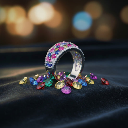 “Prism Burst Gemstone Band" – Multicolor 925 Silver Ring