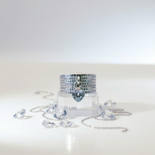 “Silver Heart Charm Statement Band" – Modern Sparkle Ring by Illuzion Jewelry
