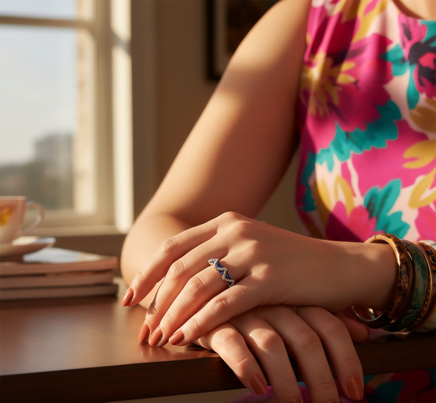 Blue Sapphire Wave Eternity Band – 925 Sterling Silver