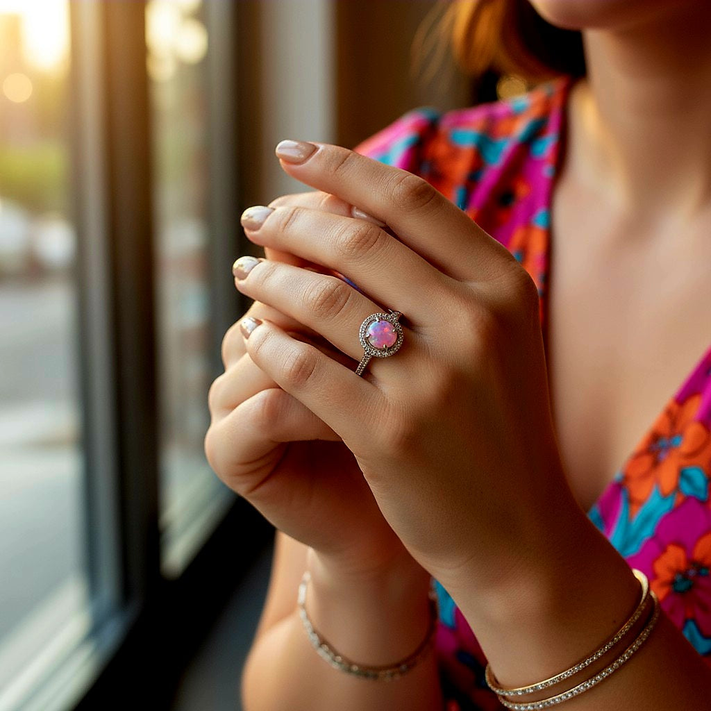 “Starlit Pink Opal Halo Ring" – 925 Silver Cosmic Glow Edition