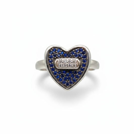 Sapphire Blue Heart Pave Ring with Baguette Accent – 925 Sterling Silver