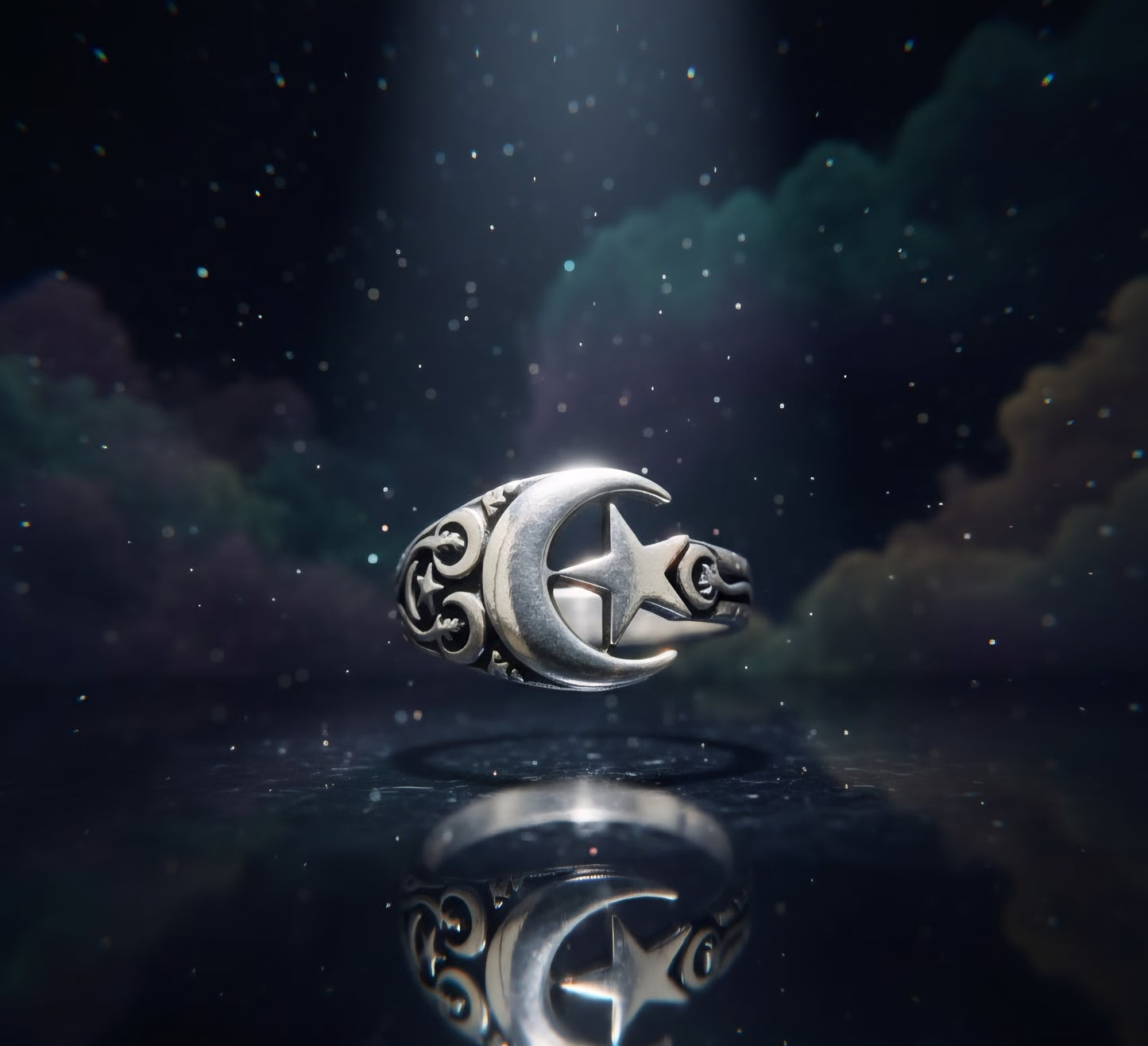 “Moon & Star Guardian Ring" – Celestial Protection in 925 Silver