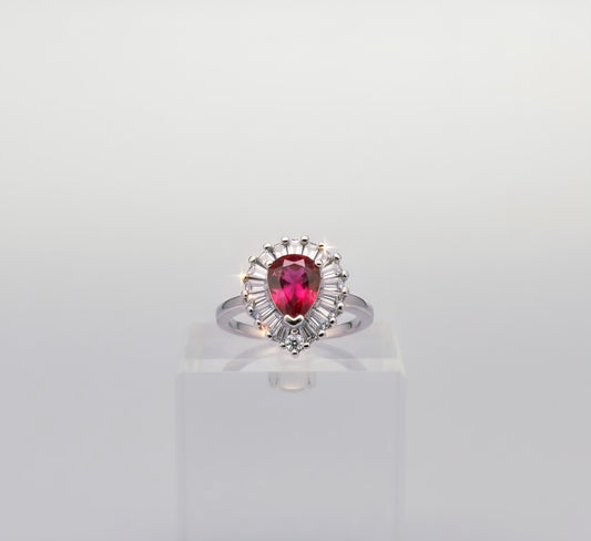 “Royal Flame Halo Ring" – Pear-Cut Red Gemstone & Baguette Crown by Illuzion Jewelry