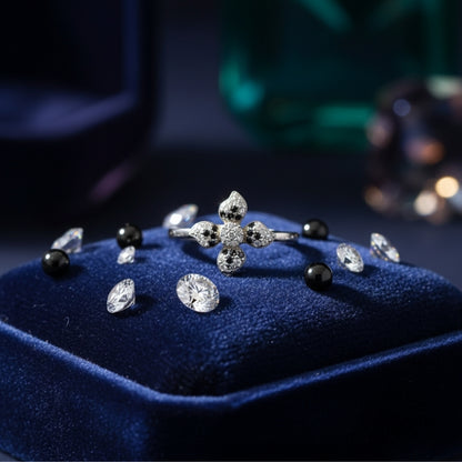 "Midnight Bloom Radiance Ring" – Dual-Tone Starflower in 925 Silver