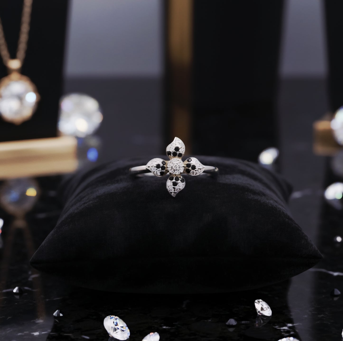 "Midnight Bloom Radiance Ring" – Dual-Tone Starflower in 925 Silver