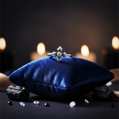 "Midnight Bloom Radiance Ring" – Dual-Tone Starflower in 925 Silver