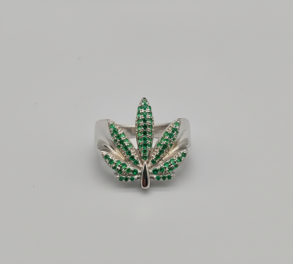 Emerald Aura Leaf Ring - 925 Sterling Silver