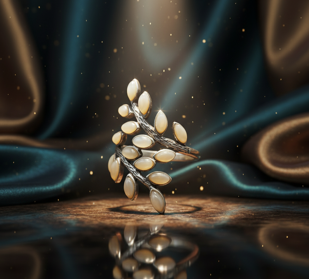 Mother-of-Pearl Olive Leaf Ring – 925 Sterling Silver Nature Wrap