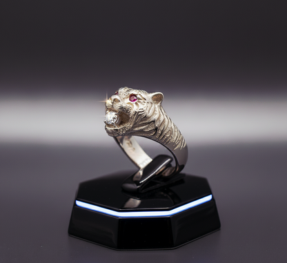 "Tiger Guardian Ring" – Fierce 925 Silver with Ruby Eyes & Ice Bite
