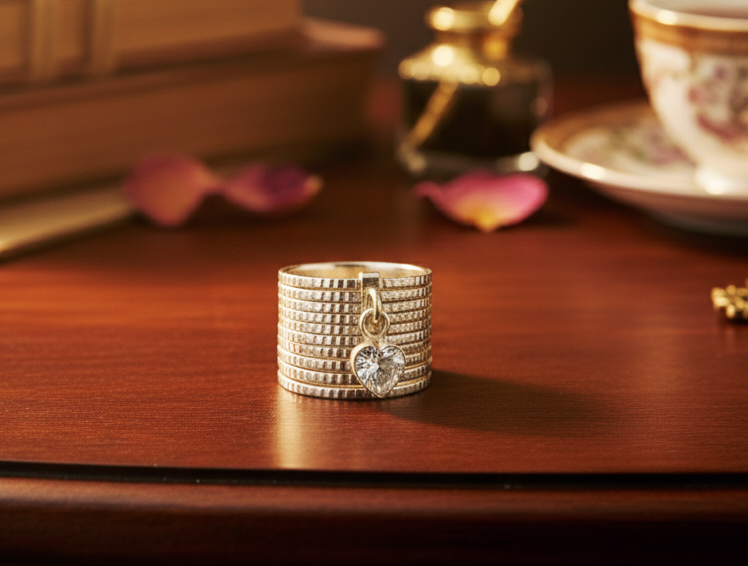 “Silver Heart Charm Statement Band" – Modern Sparkle Ring by Illuzion Jewelry