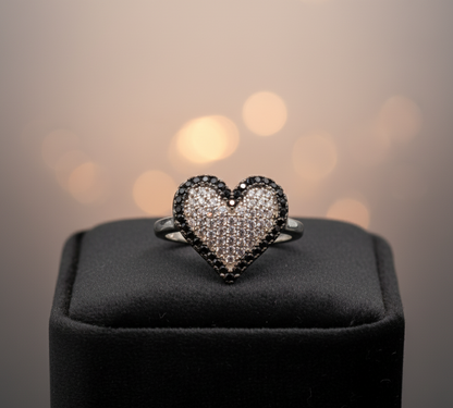 Black & White Pave Heart Statement Ring – 925 Silver Ring