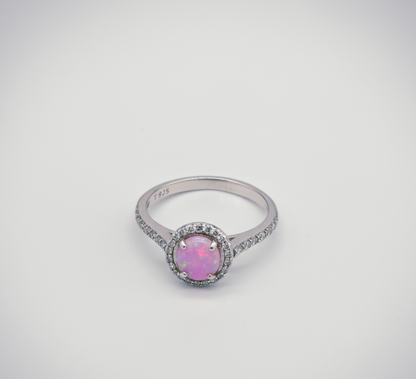 “Starlit Pink Opal Halo Ring" – 925 Silver Cosmic Glow Edition