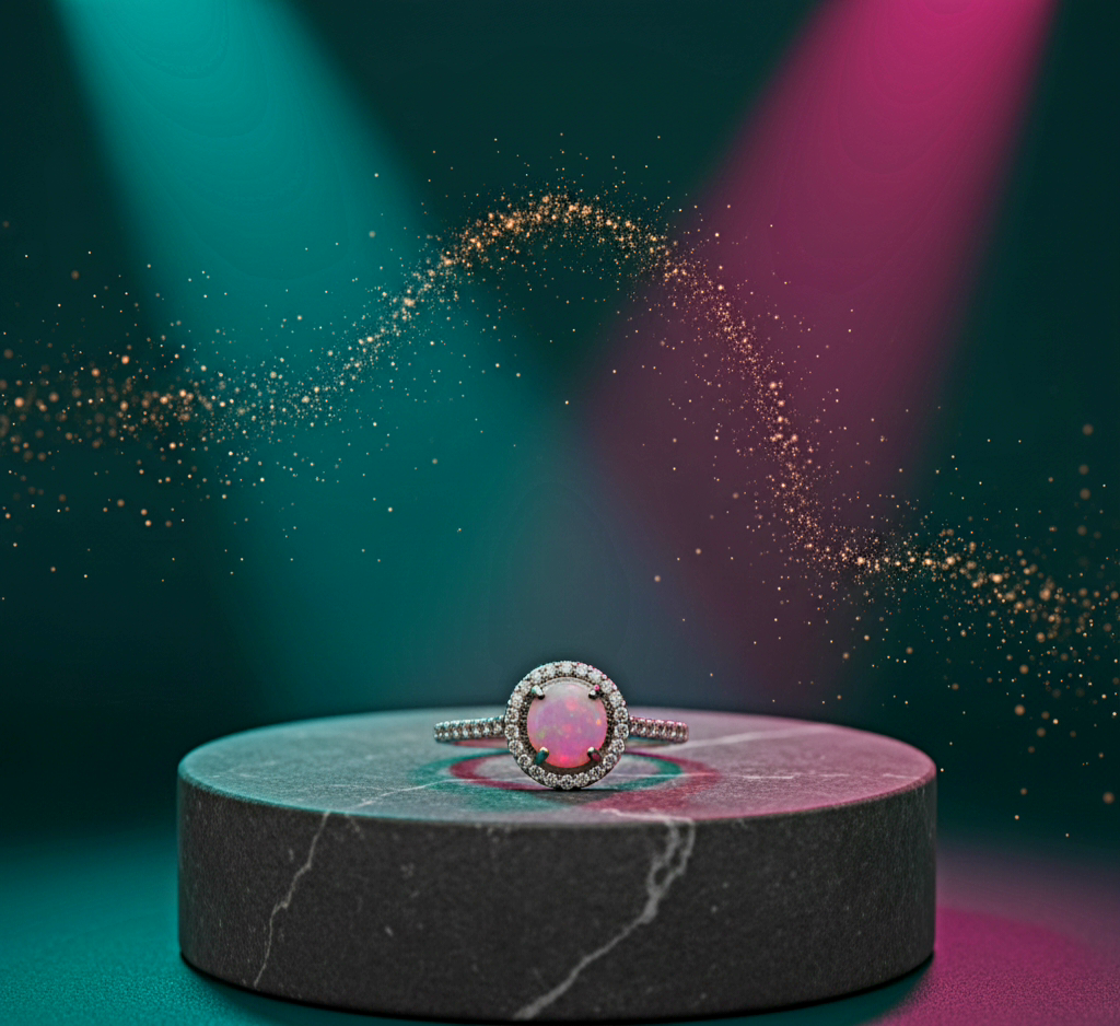 “Starlit Pink Opal Halo Ring" – 925 Silver Cosmic Glow Edition