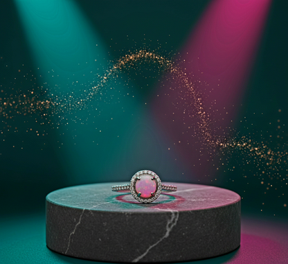 “Starlit Pink Opal Halo Ring" – 925 Silver Cosmic Glow Edition