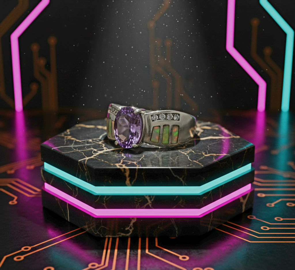 “Amethyst Nova Inlay Ring"  – 925 Silver with Opal & CZ Accents