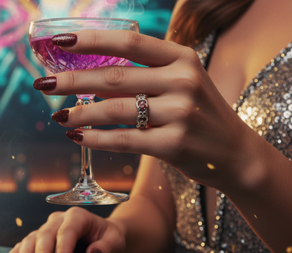 “Crimson Bloom Vintage Eternity Ring" – Floral Red Gemstone Band by Illuzion Jewelry