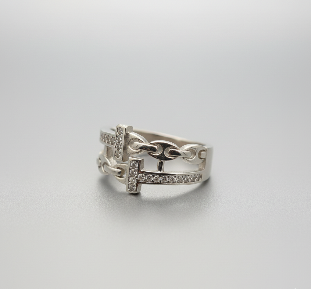 Linked Luxe Pavé Chain Ring – 925 Silver Double Band