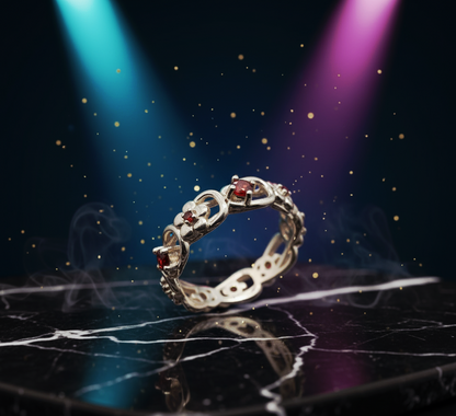 “Crimson Bloom Vintage Eternity Ring" – Floral Red Gemstone Band by Illuzion Jewelry