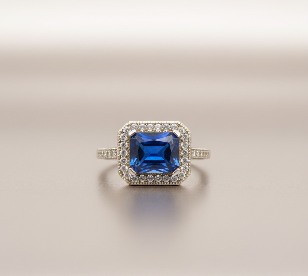 Midnight Royal Halo 925 Silver Ring – Blue Princess Center with Double Diamond-Style Halo