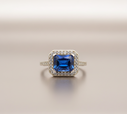 Midnight Royal Halo 925 Silver Ring – Blue Princess Center with Double Diamond-Style Halo