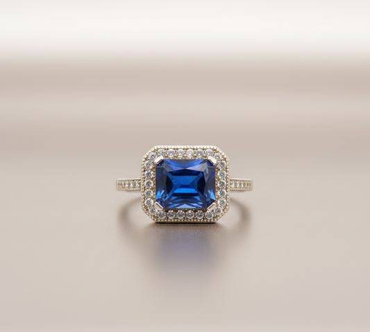 Midnight Royal Halo 925 Silver Ring – Blue Princess Center with Double Diamond-Style Halo