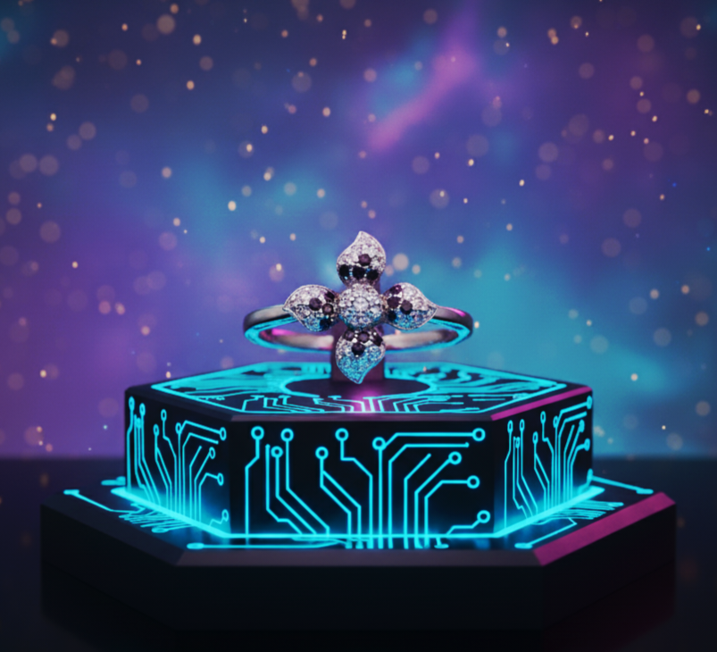 "Midnight Bloom Radiance Ring" – Dual-Tone Starflower in 925 Silver