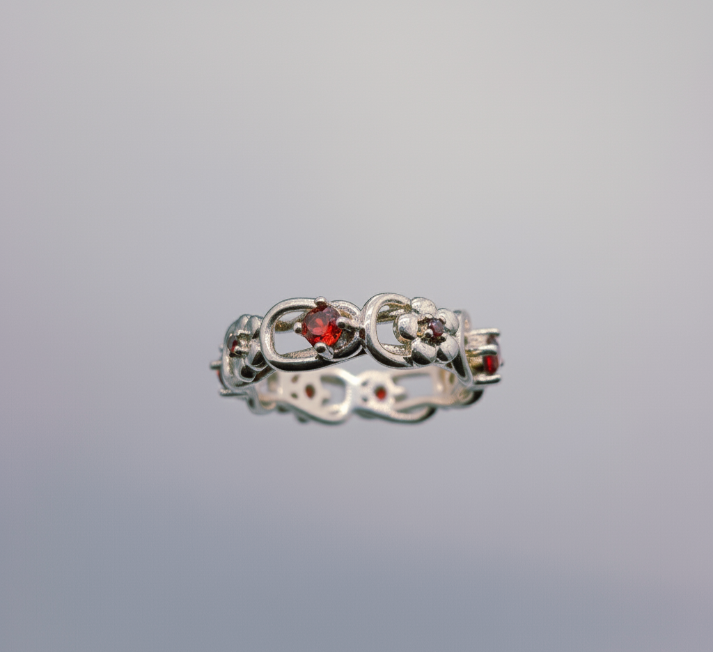 “Crimson Bloom Vintage Eternity Ring" – Floral Red Gemstone Band by Illuzion Jewelry