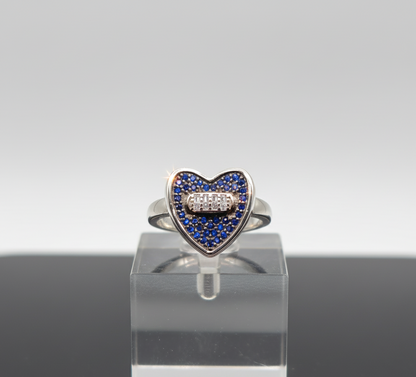 Sapphire Blue Heart Pave Ring with Baguette Accent – 925 Sterling Silver
