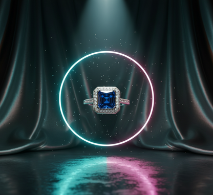 Midnight Royal Halo 925 Silver Ring – Blue Princess Center with Double Diamond-Style Halo