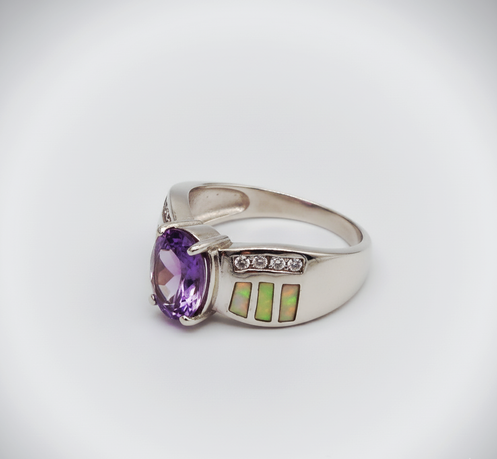 “Amethyst Nova Inlay Ring"  – 925 Silver with Opal & CZ Accents