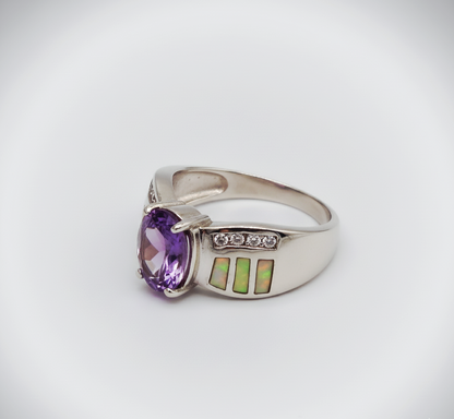“Amethyst Nova Inlay Ring"  – 925 Silver with Opal & CZ Accents