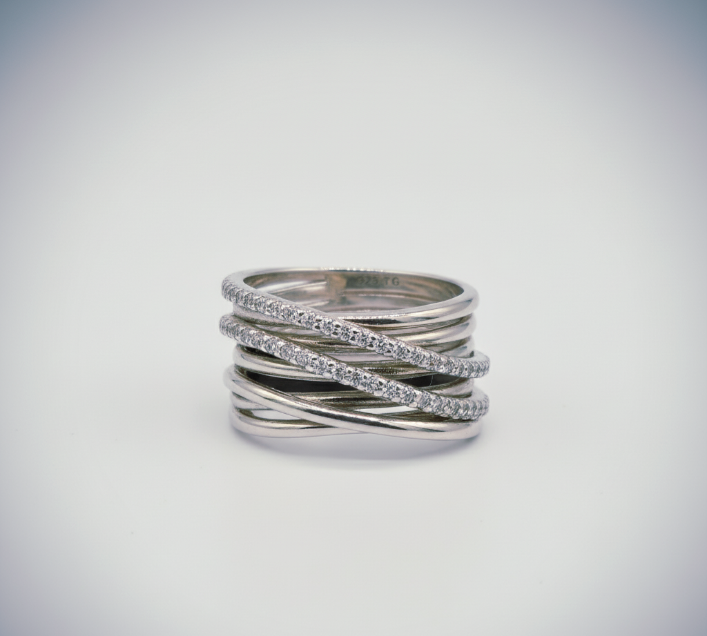 “Luxe Criss-Cross Starlight Ring"  – Multi-Band Radiance in 925 Silver