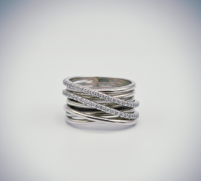 “Luxe Criss-Cross Starlight Ring"  – Multi-Band Radiance in 925 Silver
