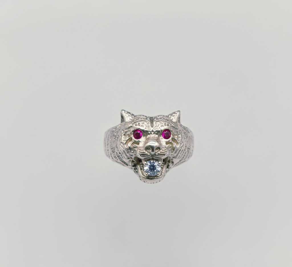 "Tiger Guardian Ring" – Fierce 925 Silver with Ruby Eyes & Ice Bite