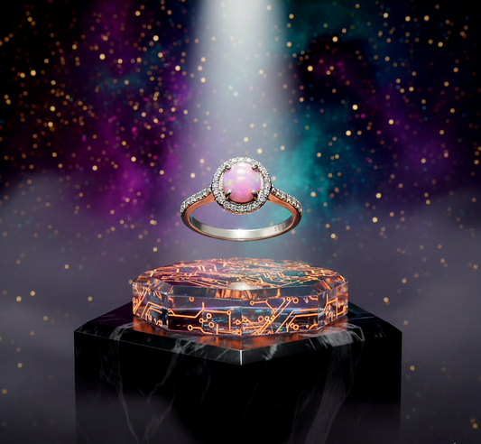 “Starlit Pink Opal Halo Ring" – 925 Silver Cosmic Glow Edition