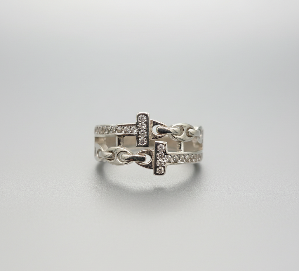 Linked Luxe Pavé Chain Ring – 925 Silver Double Band