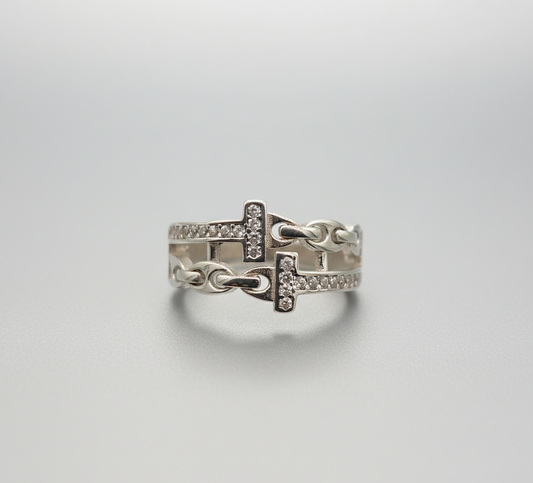 Linked Luxe Pavé Chain Ring – 925 Silver Double Band