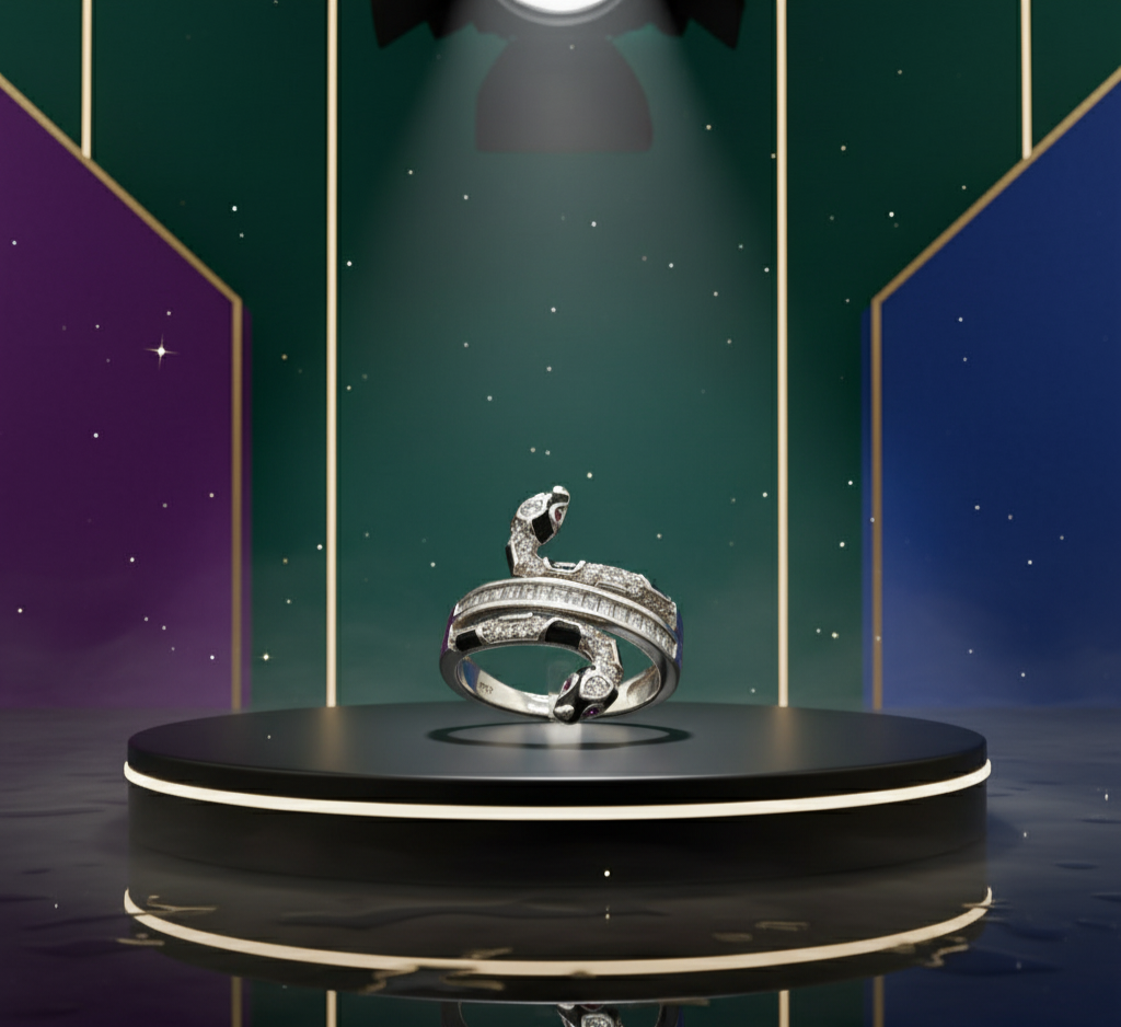 Serpent Luxe Wrap Ring – 925 Sterling Silver, Black Enamel & Pavé Stones