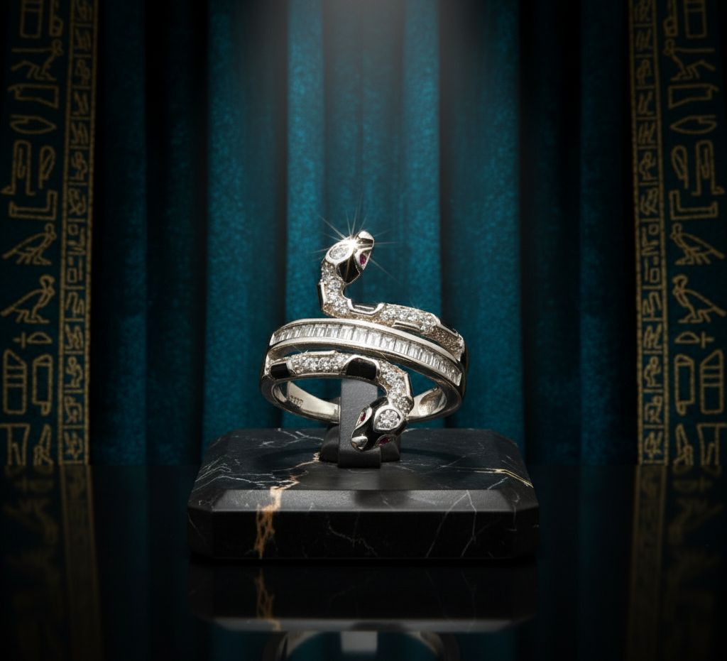 Serpent Luxe Wrap Ring – 925 Sterling Silver, Black Enamel & Pavé Stones