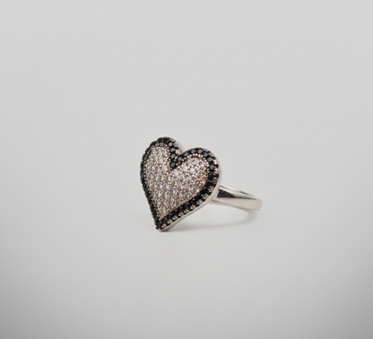 Black & White Pave Heart Statement Ring – 925 Silver Ring