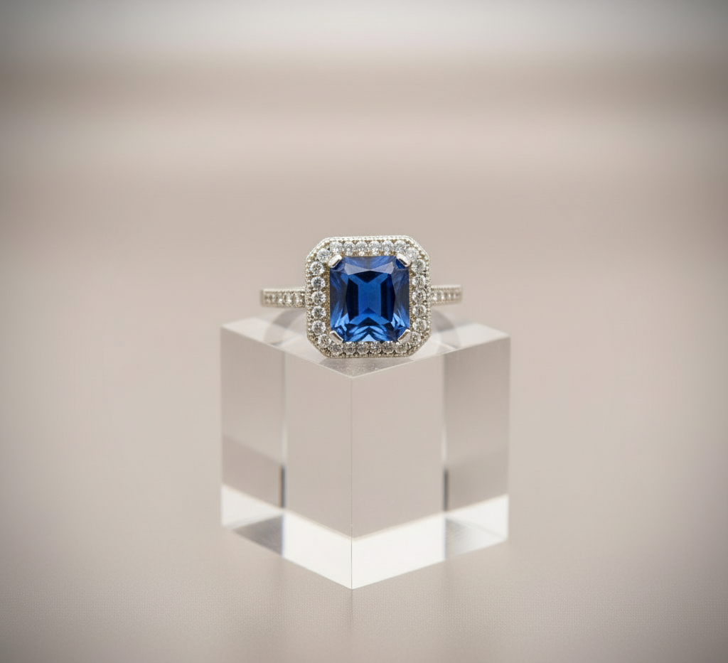 Midnight Royal Halo 925 Silver Ring – Blue Princess Center with Double Diamond-Style Halo