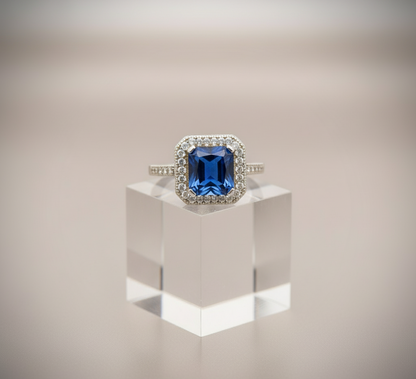 Midnight Royal Halo 925 Silver Ring – Blue Princess Center with Double Diamond-Style Halo