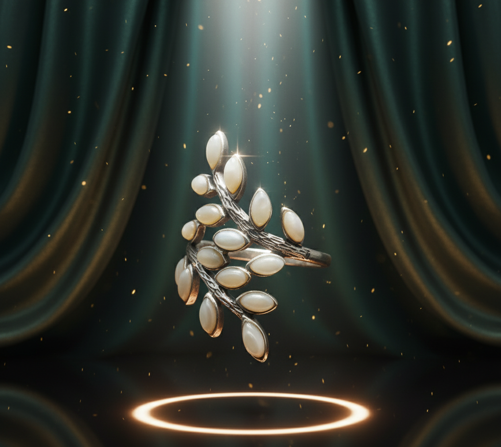 Mother-of-Pearl Olive Leaf Ring – 925 Sterling Silver Nature Wrap