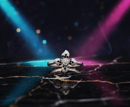 "Midnight Bloom Radiance Ring" – Dual-Tone Starflower in 925 Silver