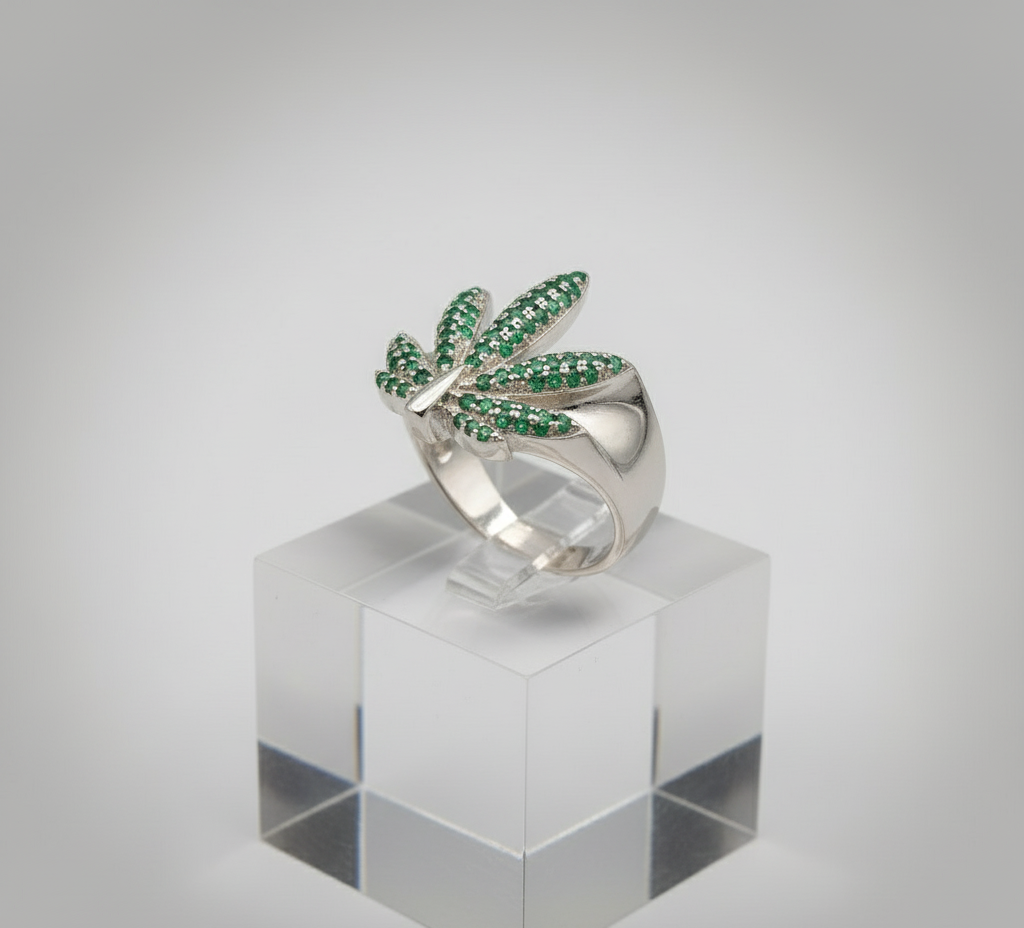Emerald Aura Leaf Ring - 925 Sterling Silver