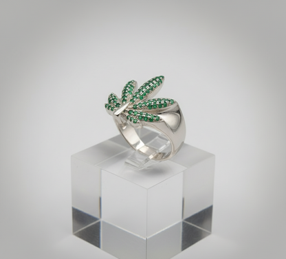 Emerald Aura Leaf Ring - 925 Sterling Silver